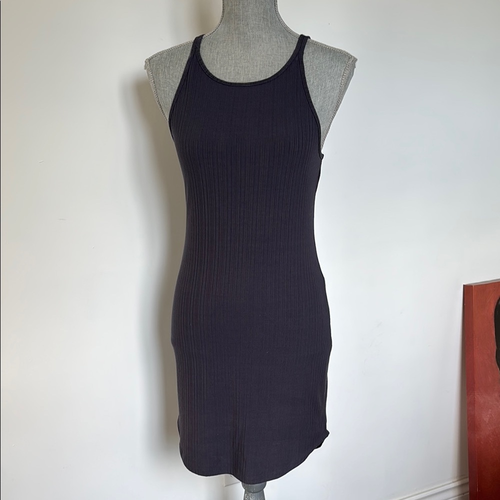 GENTLE FAWN Blue Grey fitted body con halter mini dress.